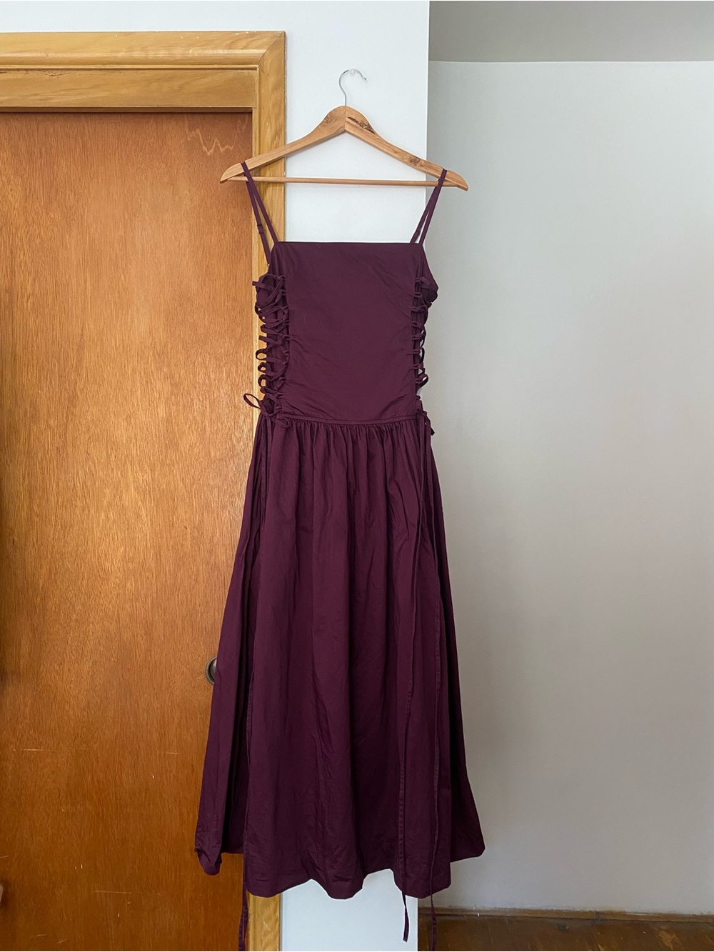 Damson Madder Lace-Up Midi Dress in Plum - Organic Cotton